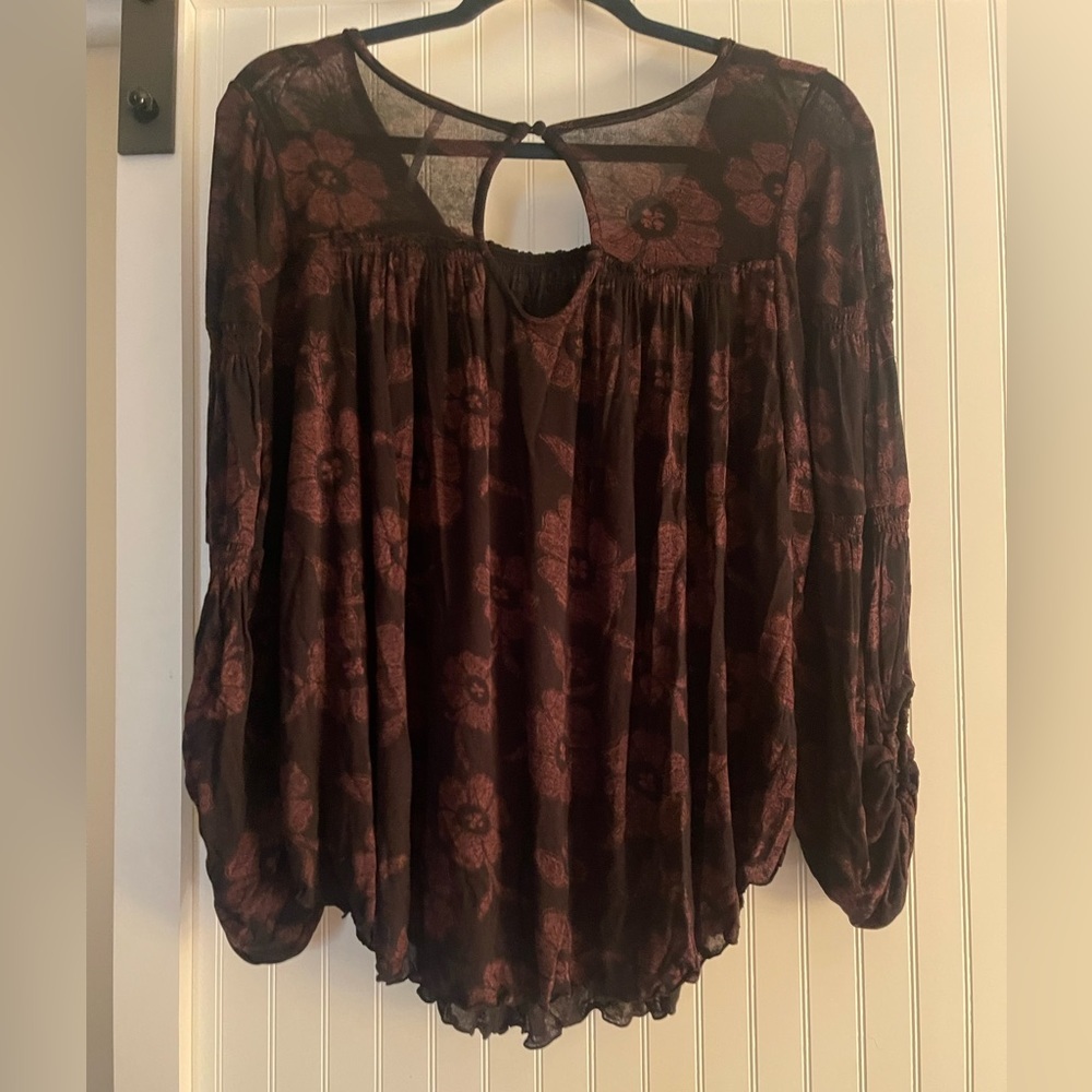 Free People Womens Top S Flowy Keyhole Back Sheer Round Hem Stretch Floral Crop